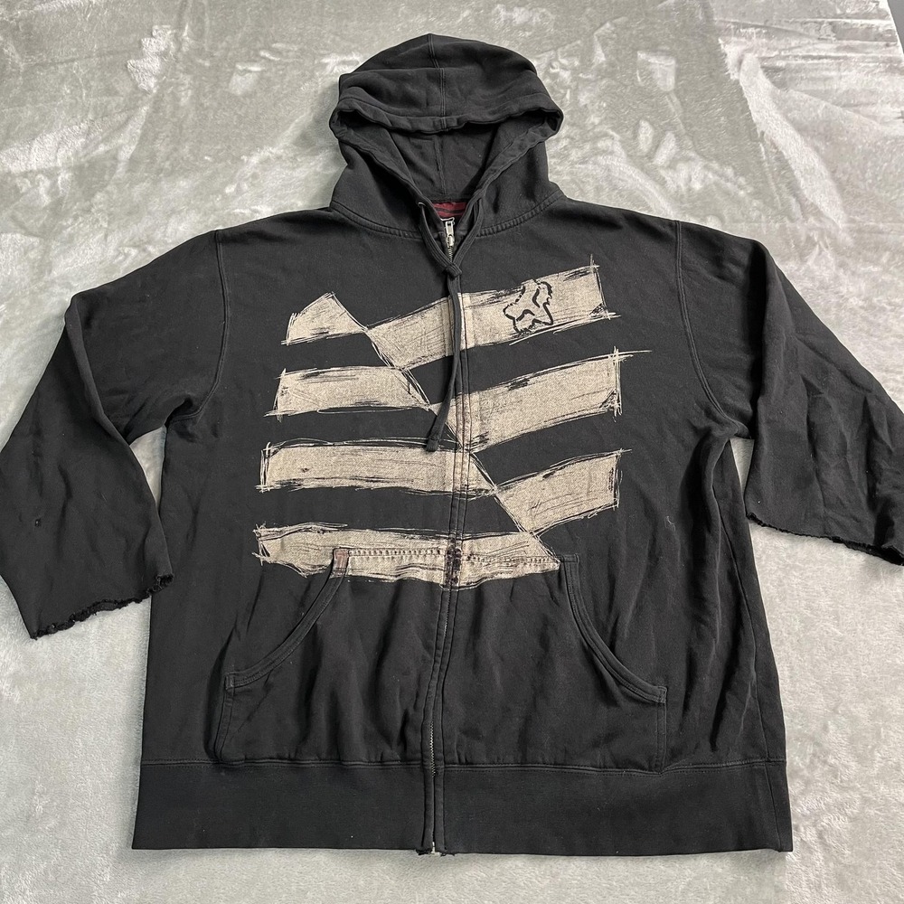 Fox Hoodie Mens Med Black Full Zip Graphic Sweatshirt Cut Off Sleeves Grunge Y2K